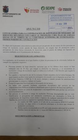 Imagen CONVOCATORIA DE DOS PLAZAS POR EL PLAN DE EMPLEO SOCIAL