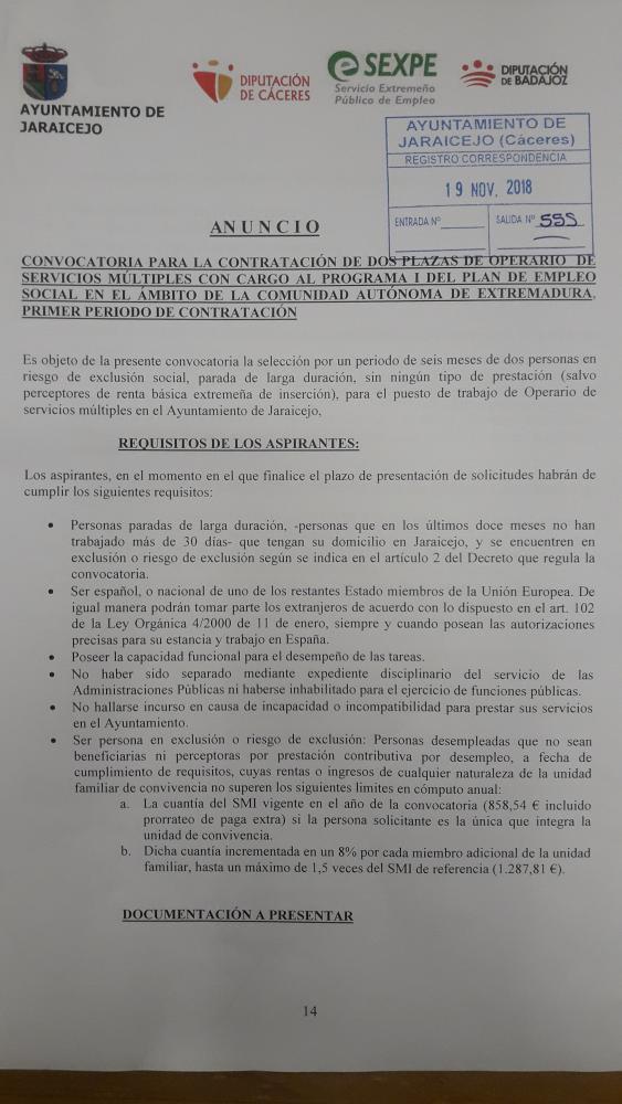 Imagen CONVOCATORIA DE DOS PLAZAS POR EL PLAN DE EMPLEO SOCIAL