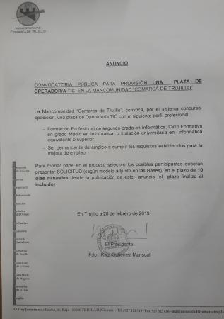 Imagen 'CONVOCATORIA DE UNA PLAZA DE OPERADOR/A TIC EN LA MANCOMUNIDAD'