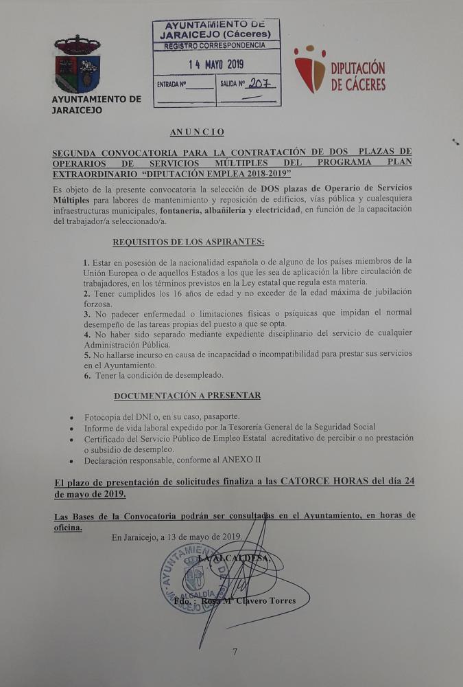 Imagen CONVOCATORIA DE DOS PLAZAS DE OPERARIOS DE SERVICIOS MÚLTIPLES