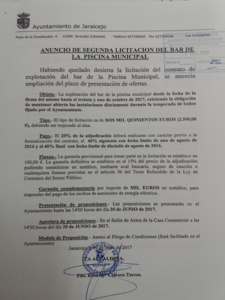 Imagen 2ª Licitacion bar piscina municipal.