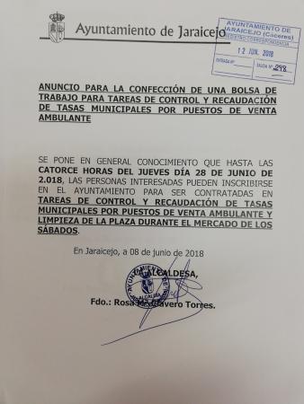 Imagen BOLSA DE TRABAJO PARA CONTROL Y RECAUDACION DE TASAS MUNICIPALES