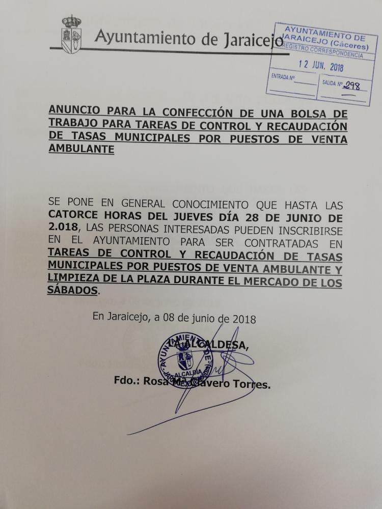 Imagen BOLSA DE TRABAJO PARA CONTROL Y RECAUDACION DE TASAS MUNICIPALES